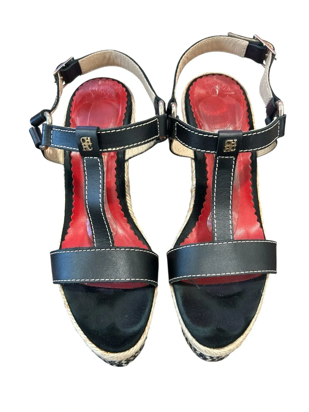 Carolina Herrera leather cork Espadrille wedges black/tan size 8 1/2